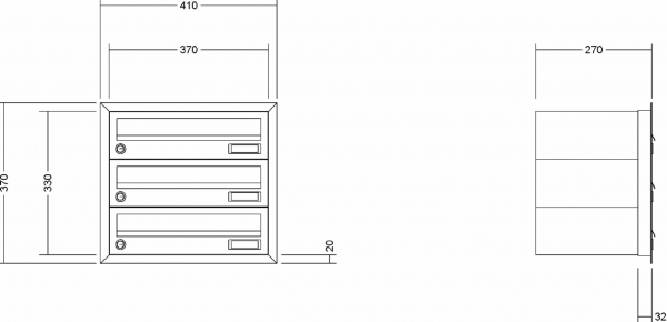 Leabox Briefkastenanlage Unterputz, Alu - Putzabdeckrahmen, waagerechte Kästen, Kastenformat 370x110x270mm, 3-teilig